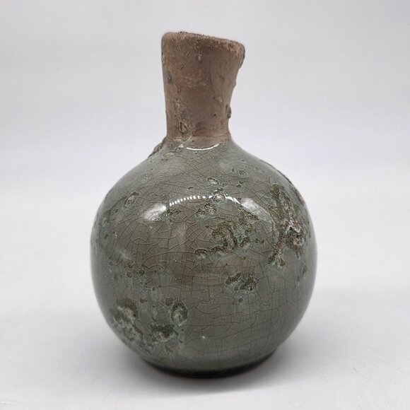 Vintage Small Brutalist Ceramic Vase Crackle Glaze & Rustic Green Brown 4.5" - Picture 4 of 7